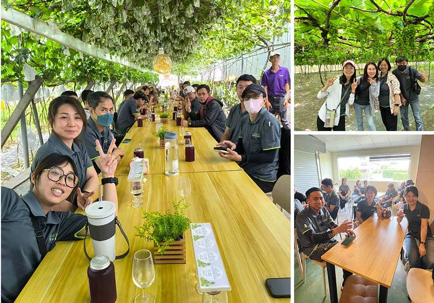 在葡萄園聆聽導覽後,一起用餐品嘗美酒 在綠意盎然的葡萄園下,同事們開心合影